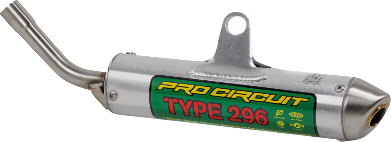 Pro Circuit 296 Silencer motorcycle exhaust system with U.S. Forest Service approval, featuring a sleek metal finish and compact design.