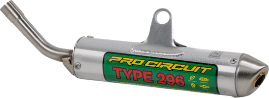 Pro Circuit 296 Silencer motorcycle exhaust system with U.S. Forest Service approval, featuring a sleek metal finish and compact design.