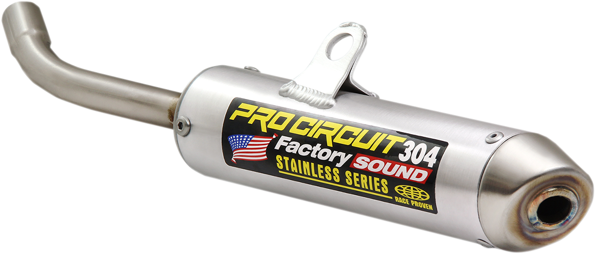Pro Circuit 304 Silencer for motocross bikes, showing the black metal muffler with branding and sleek design.