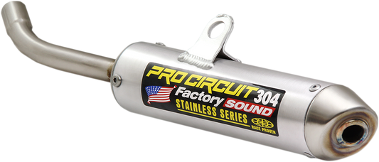 Pro Circuit 304 Silencer for motocross bikes, showing the black metal muffler with branding and sleek design.