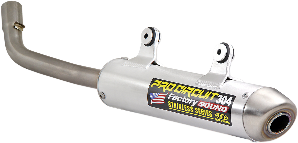 Pro Circuit 304 Silencer motorcycle exhaust with polished metal finish and compact design for enhanced performance and reduced noise.