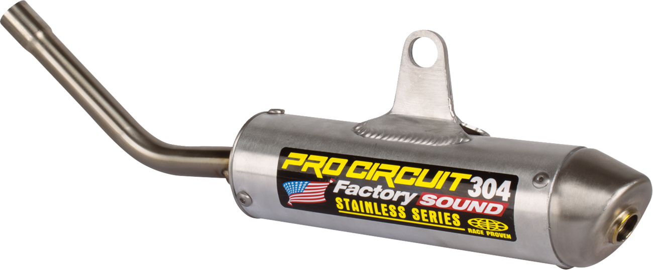 Pro Circuit 304 silencer for KTM 85 motorcycle, showing the sleek black exhaust with mounting details.