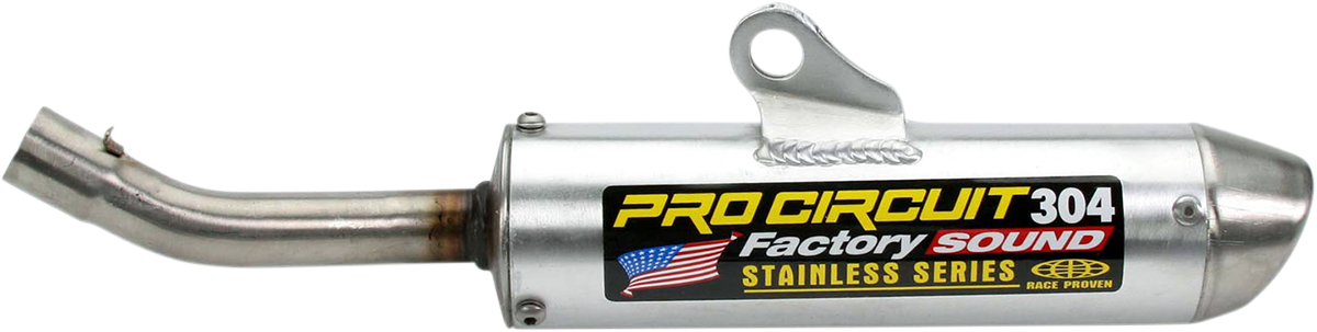 Pro Circuit 304 Silencer for dirt bikes, black metal exhaust with branding, designed for enhanced performance and noise reduction.