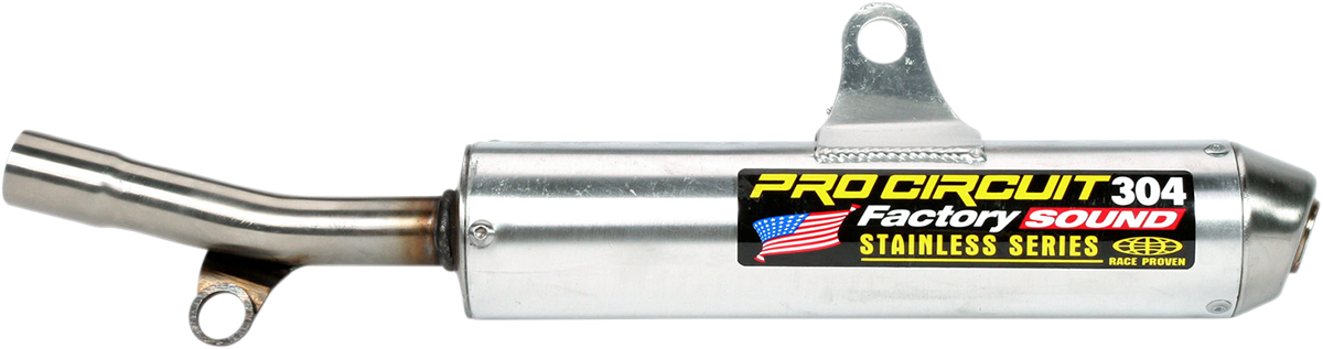 Pro Circuit 304 Silencer SS93250-304 for motorcycle, showing sleek stainless steel design and mounting connection for noise reduction.