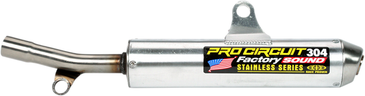 Pro Circuit 304 Silencer SS93250-304 for motorcycle, showing sleek stainless steel design and mounting connection for noise reduction.