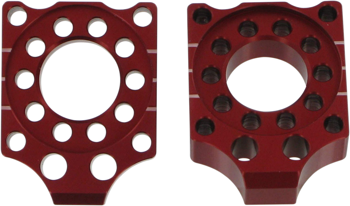 Red PRO CIRCUIT axle blocks for Honda CRF 150R motorcycle, designed for secure wheel alignment and stability.