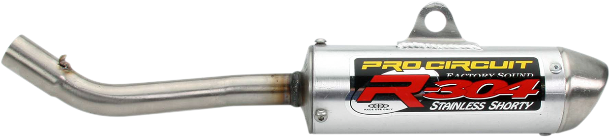Pro Circuit R-304 Silencer for two-stroke engines, shown in black with mounting details and branding markings on the surface.