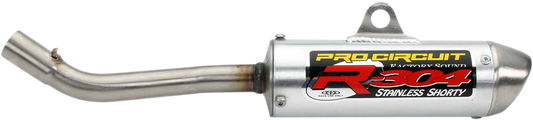 Pro Circuit R-304 Silencer for two-stroke engines, shown in black with mounting details and branding markings on the surface.