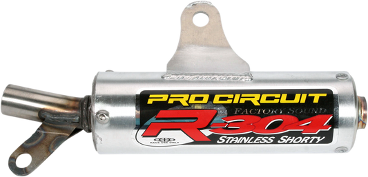 PRO CIRCUIT R-304 Silencer for two-stroke engines, compact aluminum canister with stainless steel intake tube, black and silver finish.