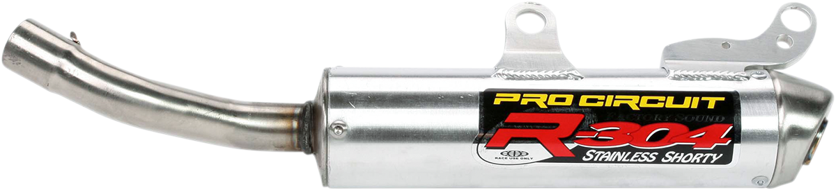 Pro Circuit R-304 silencer for two-stroke racing engines, showing a sleek metal exhaust component with branding details.
