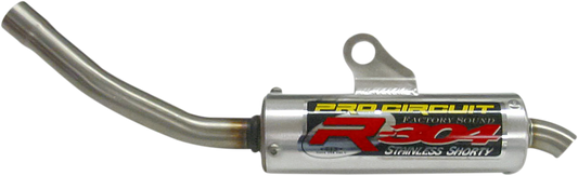 Pro Circuit R-304 two-stroke silencer for closed-course racing, showing the black and silver exhaust component with mounting details.