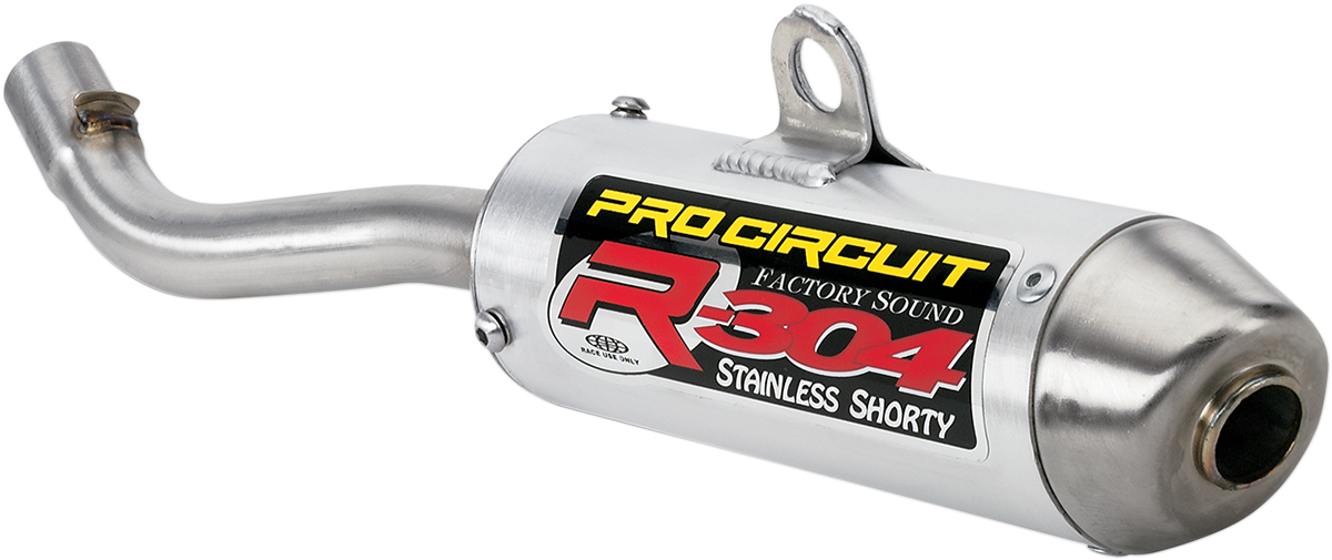 PRO CIRCUIT R-304 Two-Stroke Silencer for enhanced performance, showing the cylindrical metal muffler with mounting components.