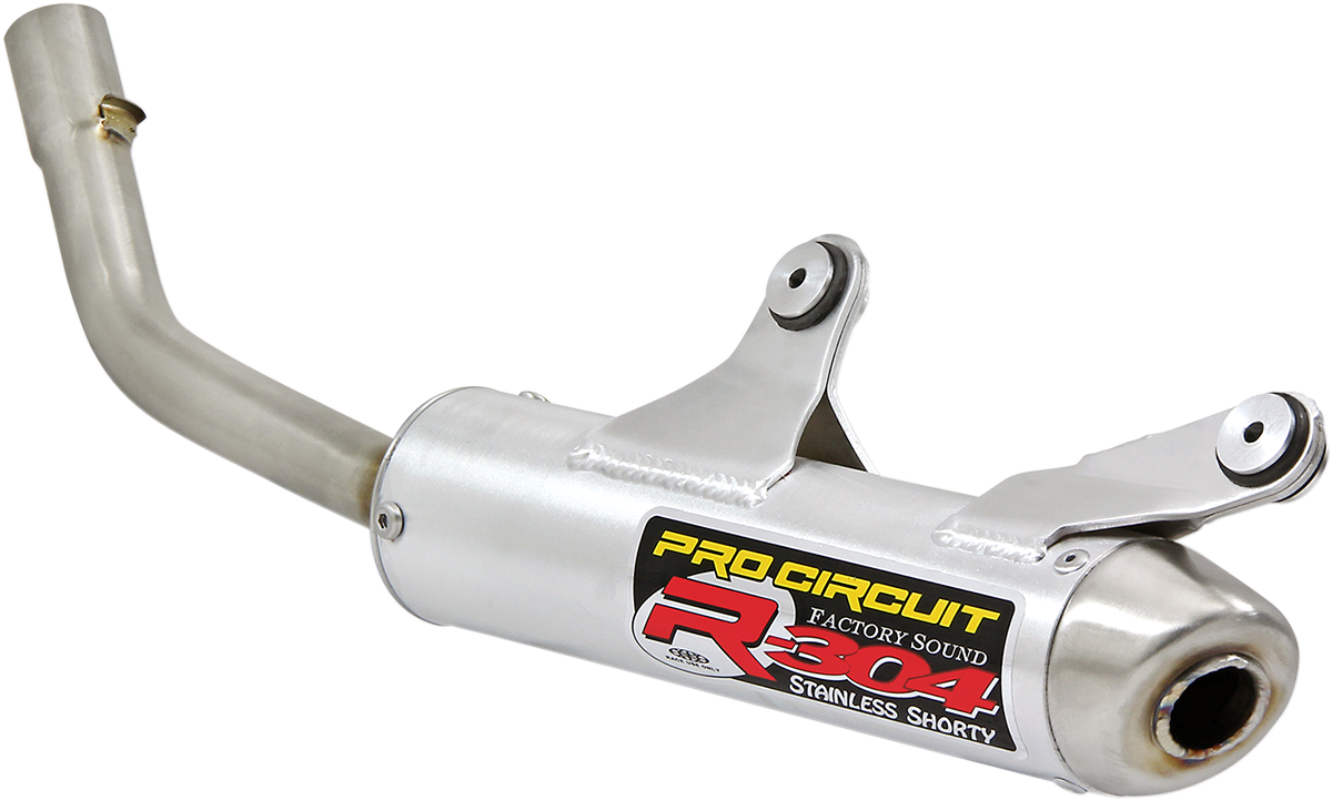PRO CIRCUIT R-304 two-stroke silencer with aluminum canister, featuring a sleek metal design and mounting details.