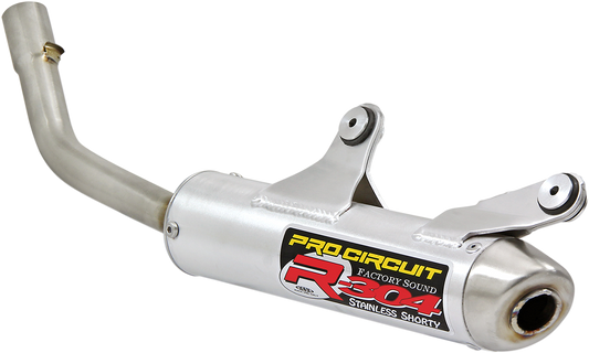 PRO CIRCUIT R-304 two-stroke silencer with aluminum canister, featuring a sleek metal design and mounting details.