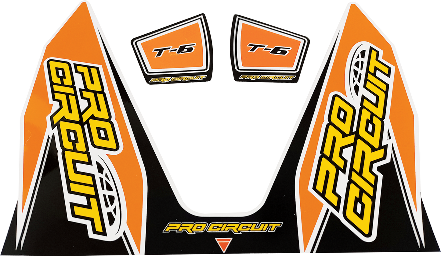 Orange PRO CIRCUIT T-6 decal with bold black lettering on a white background, designed for motorcycle or bike customization.