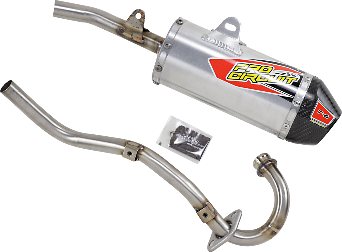 Pro Circuit T-6 exhaust system for off-road and closed course riding, showing the sleek black muffler with metal mounting parts.