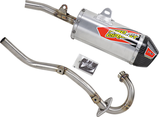Pro Circuit T-6 exhaust system for off-road and closed course riding, showing the sleek black muffler with metal mounting parts.
