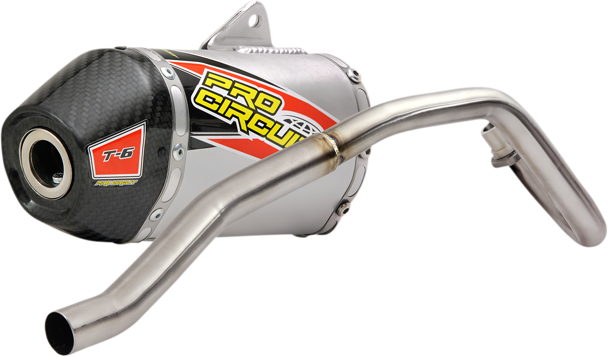 Pro Circuit T-6 exhaust system for off-road and closed course riding, shown in a close-up view of the motorcycle exhaust.