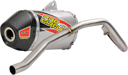 Pro Circuit T-6 exhaust system for off-road and closed course riding, shown in a close-up view of the motorcycle exhaust.