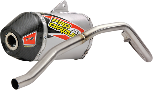 Pro Circuit T-6 exhaust system for off-road and closed course riding, shown in a close-up view of the motorcycle exhaust.