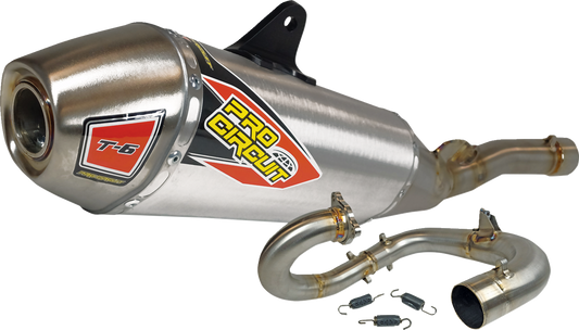 Pro Circuit T-6 exhaust system with metallic finish, showcasing durable construction and sporty design for enhanced motorcycle performance.