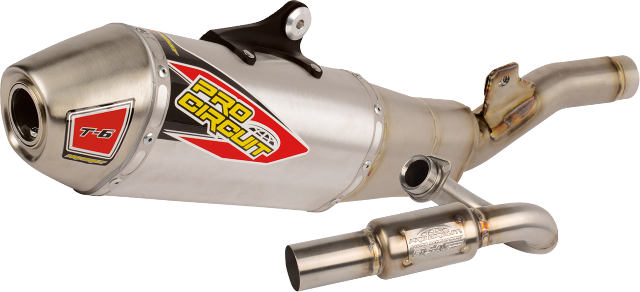 Pro Circuit T-6 exhaust system for Kawasaki KX 250 motorcycle, showing the polished metal muffler and mounting components.