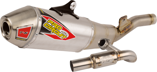 Pro Circuit T-6 exhaust system for Kawasaki KX 250 motorcycle, showing the polished metal muffler and mounting components.
