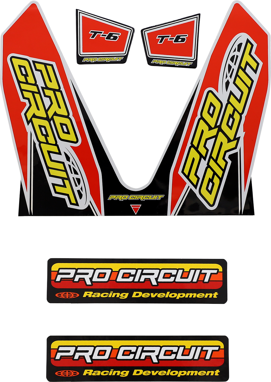 Red PRO CIRCUIT T-6 Mini Decal for DC22MINI motorcycle, showcasing bold branding and vibrant design elements