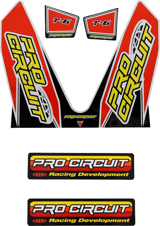 Red PRO CIRCUIT T-6 Mini Decal for DC22MINI motorcycle, showcasing bold branding and vibrant design elements