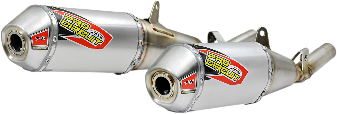 PRO CIRCUIT T-6 mufflers, stainless slip-on silencers for off-road and motorcycle use, shown in durable metallic finish.