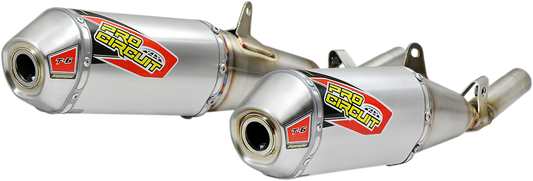 PRO CIRCUIT T-6 mufflers, stainless slip-on silencers for off-road and motorcycle use, shown in durable metallic finish.