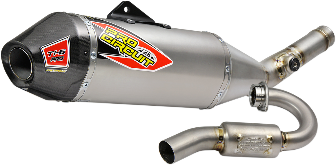 Pro Circuit Ti-6 Pro Titanium Exhaust System for AMA Supercross and Motocross, showing lightweight exhaust pipe and branding details.