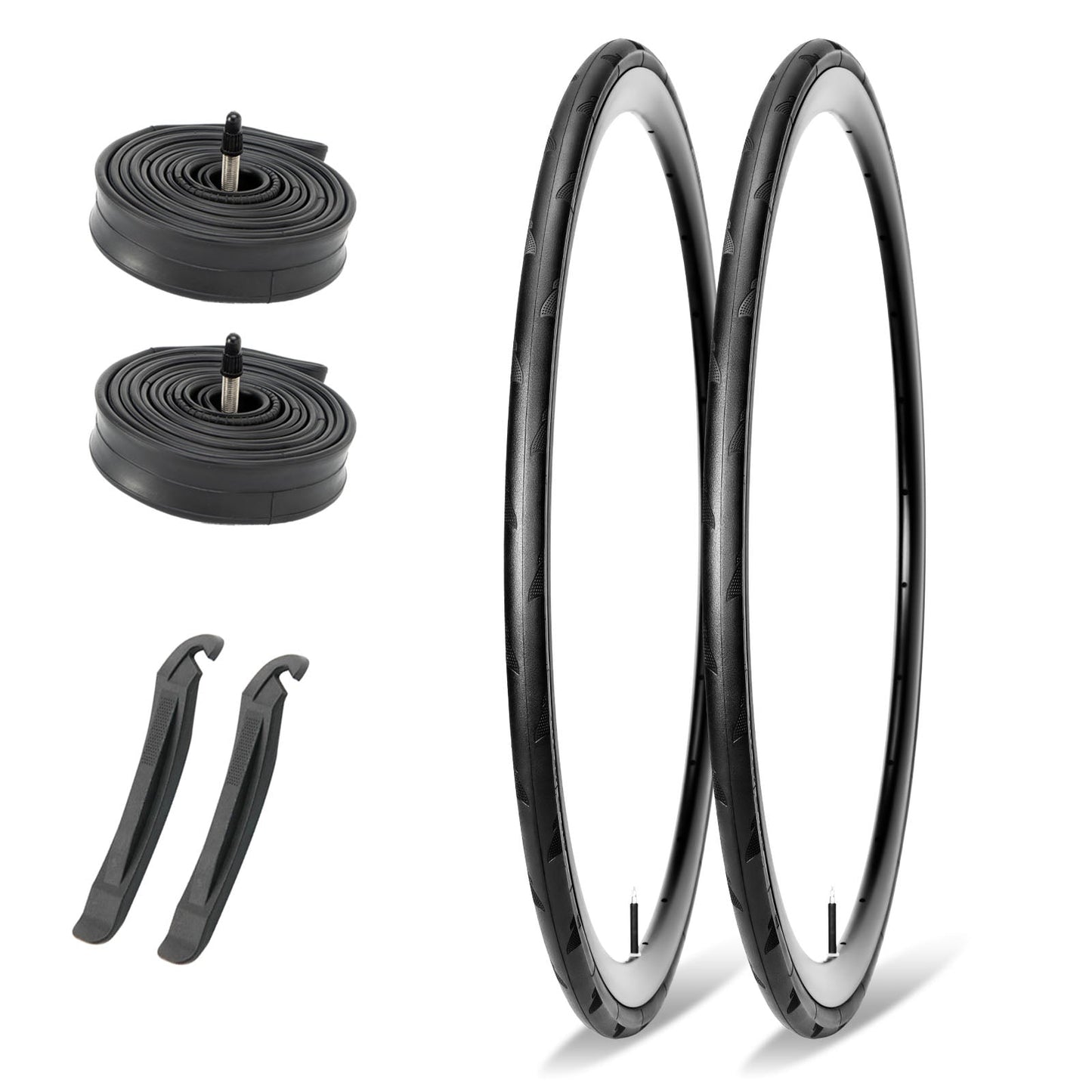 Hycline P-Wave 700×25C and 28C road bike tires with tubes, showcasing smooth tread and durable construction for high-performance cycling.