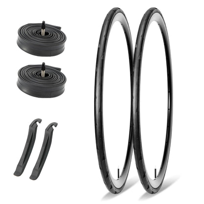 Hycline P-Wave 700×25C and 28C road bike tires with tubes, showcasing smooth tread and durable construction for high-performance cycling.
