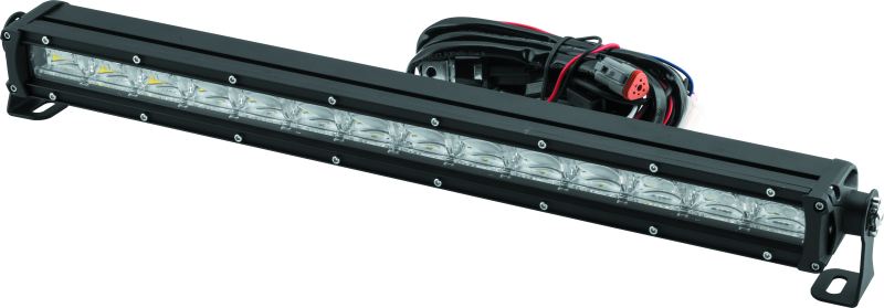 QuadBoss 21.5-inch single-row DRL LED light bar with combo flood and spot beams, mounted on a vehicle.