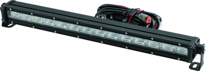 QuadBoss 21.5-inch single-row DRL LED light bar with combo flood and spot beams, mounted on a vehicle.