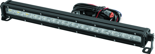 QuadBoss 21.5-inch single-row DRL LED light bar with combo flood and spot beams, mounted on a vehicle.