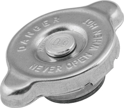 QuadBoss 403162 radiator cap for Arctic Cat and Polaris RZR 900, close-up showing metal construction and branding.