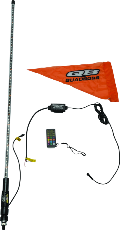QuadBoss 4ft clear LED whip with Bluetooth control, designed for off-road vehicles, featuring bright lighting and wireless remote operation.