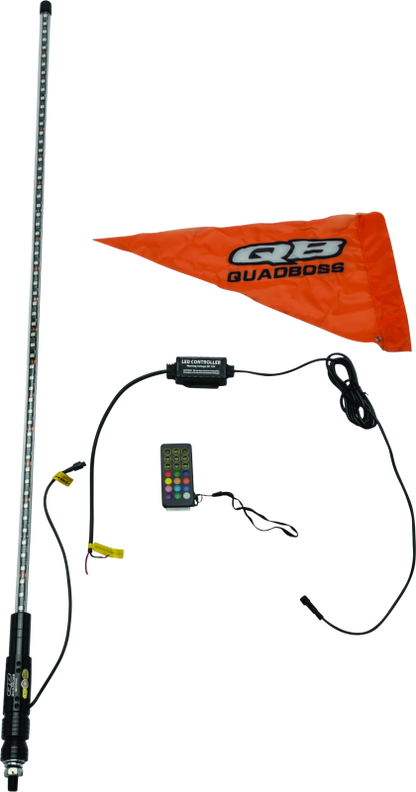 QuadBoss 4ft clear LED whip with Bluetooth control, designed for off-road vehicles, featuring bright lighting and wireless remote operation.