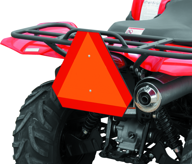 Orange ATV safety emblem by QuadBoss, impact-resistant reflective rear badge for enhanced visibility and safety.