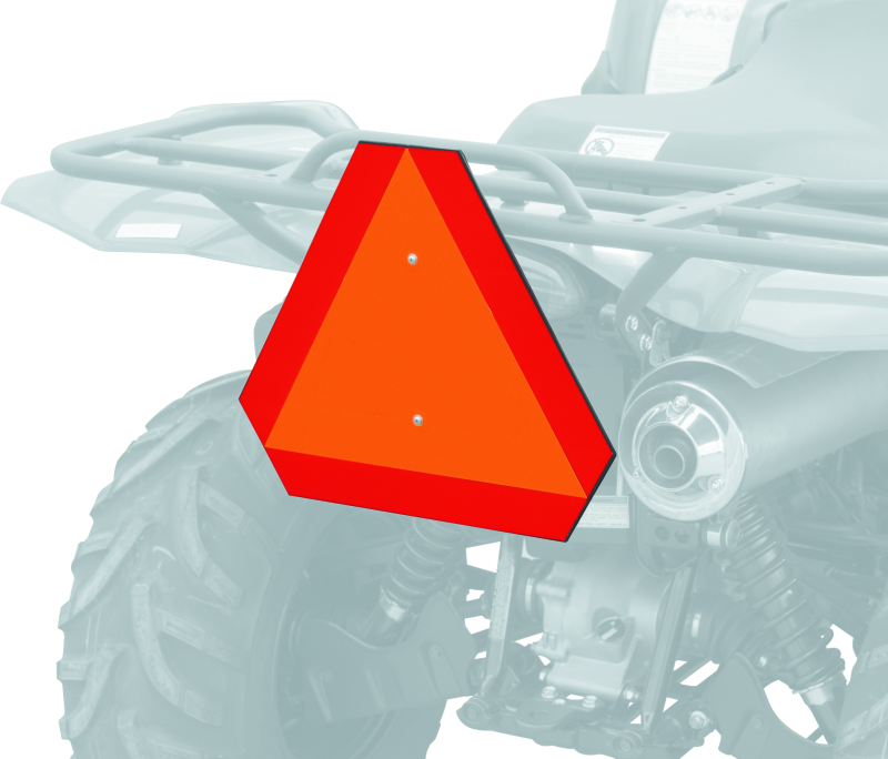 Orange QuadBoss ATV safety emblem, impact-resistant reflective rear badge with bold design and high visibility.