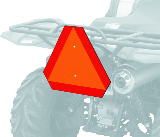 Orange QuadBoss ATV safety emblem, impact-resistant reflective rear badge with bold design and high visibility.