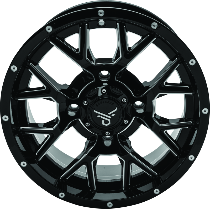 QuadBoss Barbwire 14x7 aluminum wheel with black center caps, featuring 4+3 bolt pattern and milled finish for off-road vehicles.