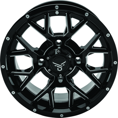 QuadBoss Barbwire 14x7 aluminum wheel with black center caps, featuring 4+3 bolt pattern and milled finish for off-road vehicles.