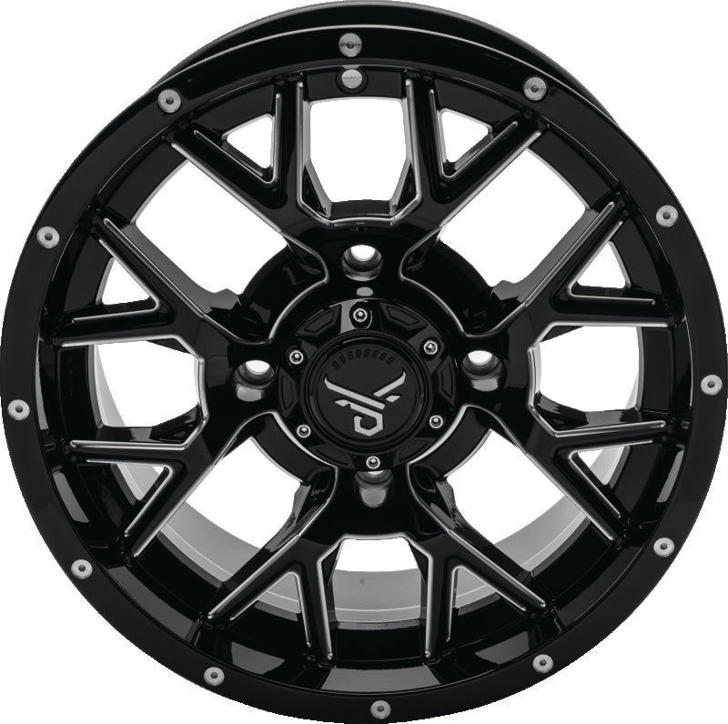 QuadBoss Barbwire 14x7 aluminum wheel with black center caps, featuring 4+3 bolt pattern and milled finish.