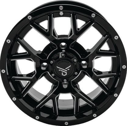 QuadBoss Barbwire 14x7 aluminum wheel with black center caps, featuring 4+3 bolt pattern and milled finish.