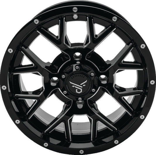 QuadBoss Barbwire 14x7 aluminum wheel with black center caps, featuring 4+3 bolt pattern and milled finish.