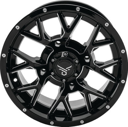 QuadBoss Barbwire 14x7 aluminum wheel with black center caps, 4+3 bolt pattern, milled finish for off-road vehicles.