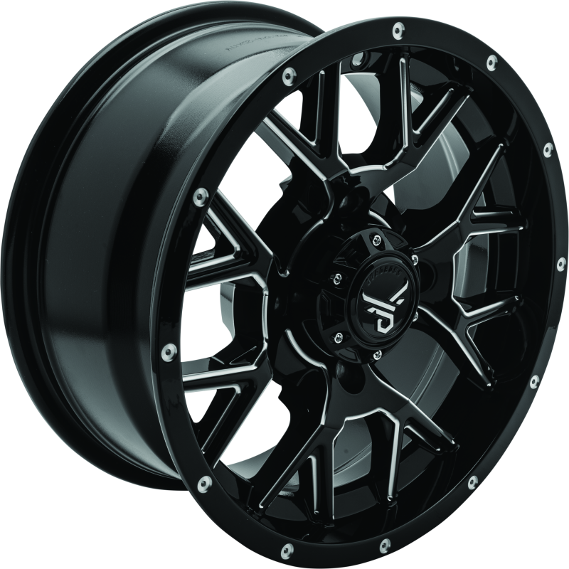 QuadBoss aluminum wheel with 14x7 size and 5+2 offset for powersports vehicles, featuring a barbwire design.